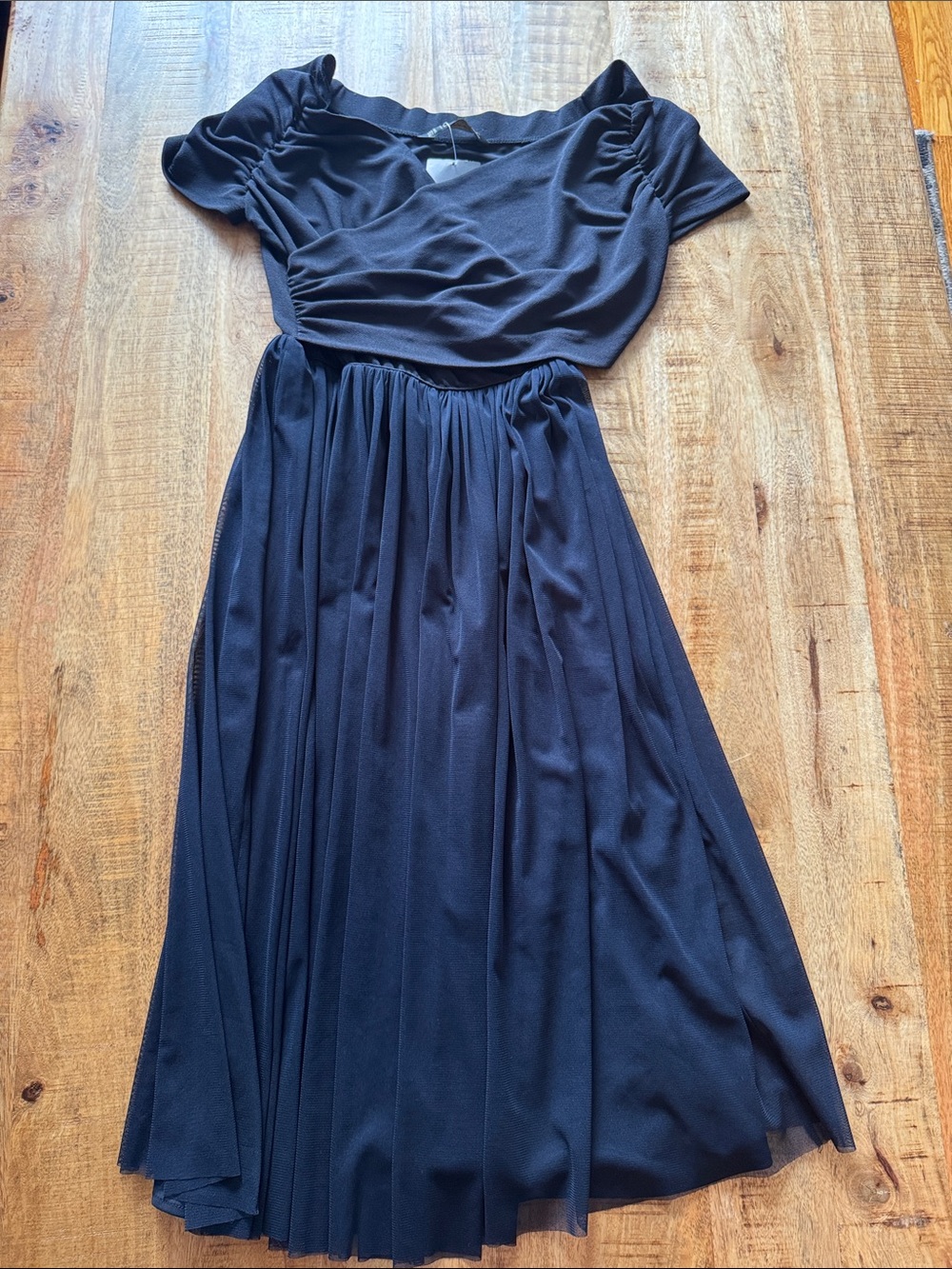 Zara Basics Gathered Waist black Midi Dress with Pleated tulle Princess Skirt